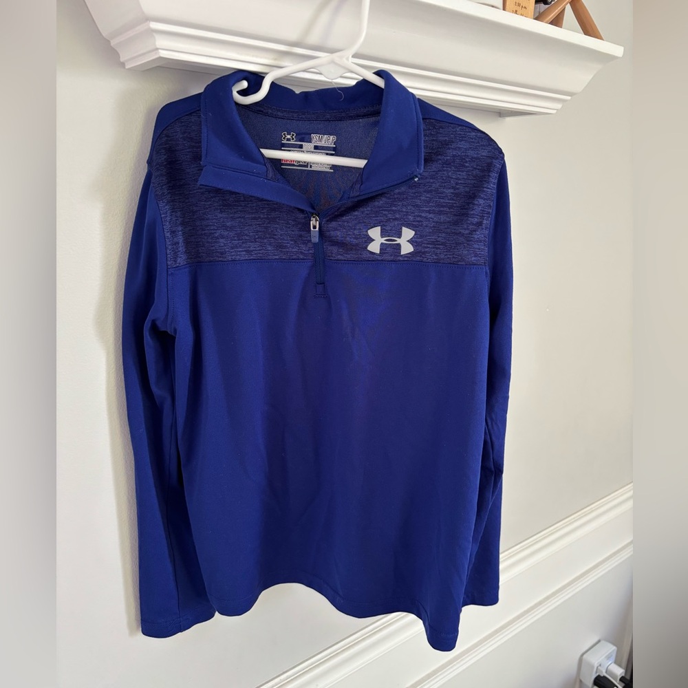 Under Armor Blue partial zip dry fit top- size youth small